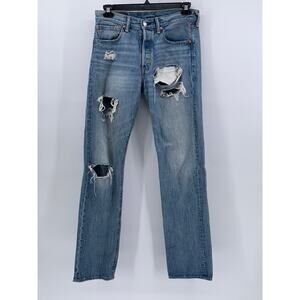 LEVI'S Men's Blue Distressed Denim 501 Original Fit Button-Fly Jeans SZ 31X34